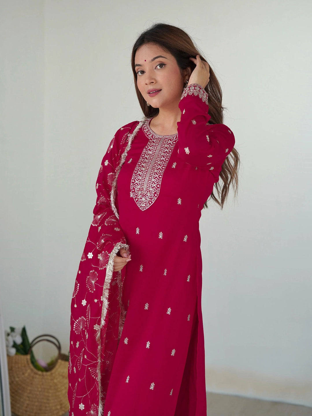 Rani pink georgette embroidered kurta set with pants and a matching dupatta