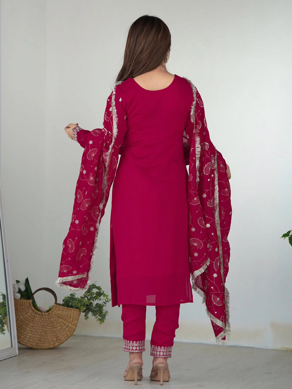 Rani pink georgette embroidered kurta set with pants and a matching dupatta