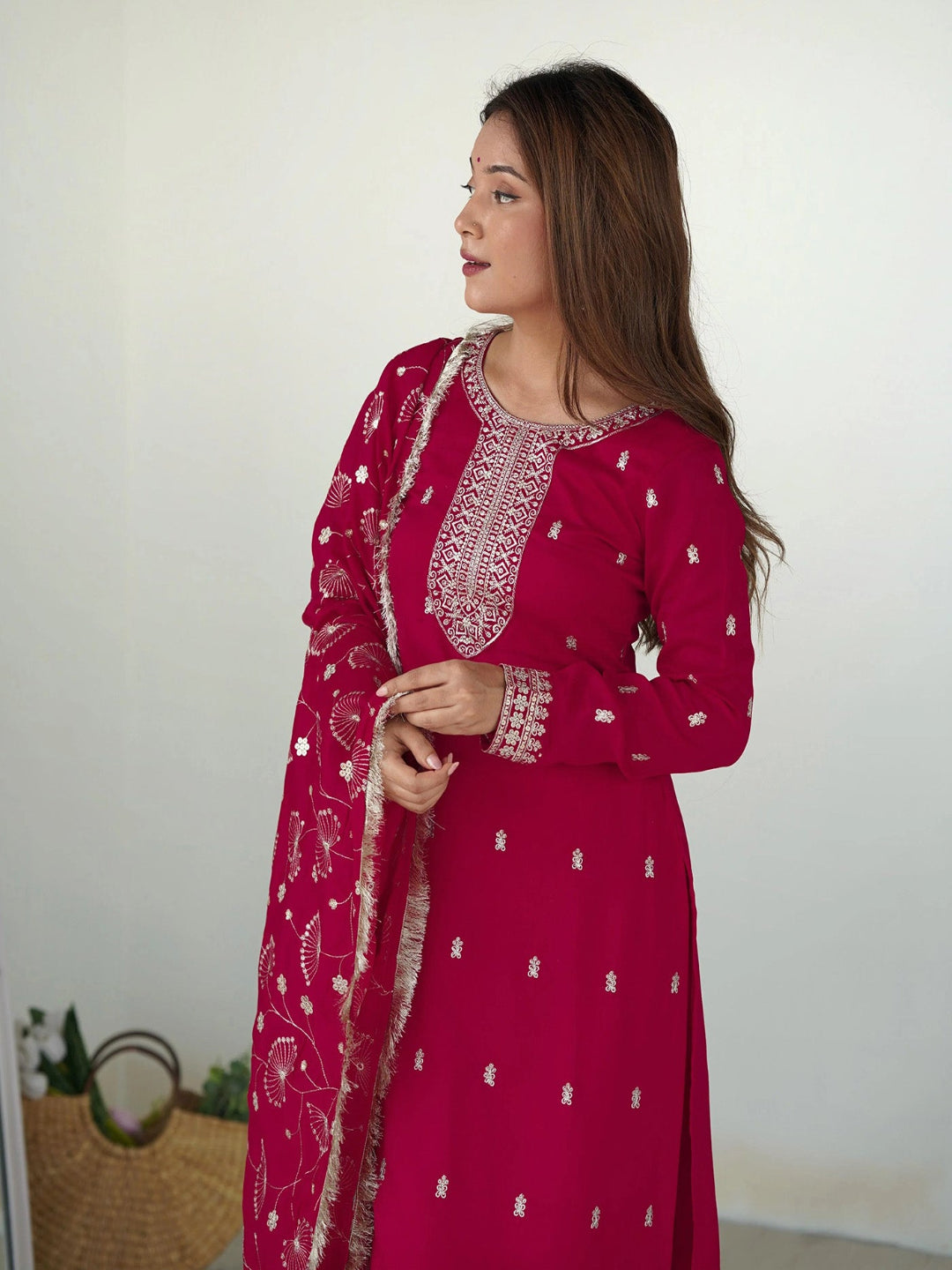 Rani pink georgette embroidered kurta set with pants and a matching dupatta