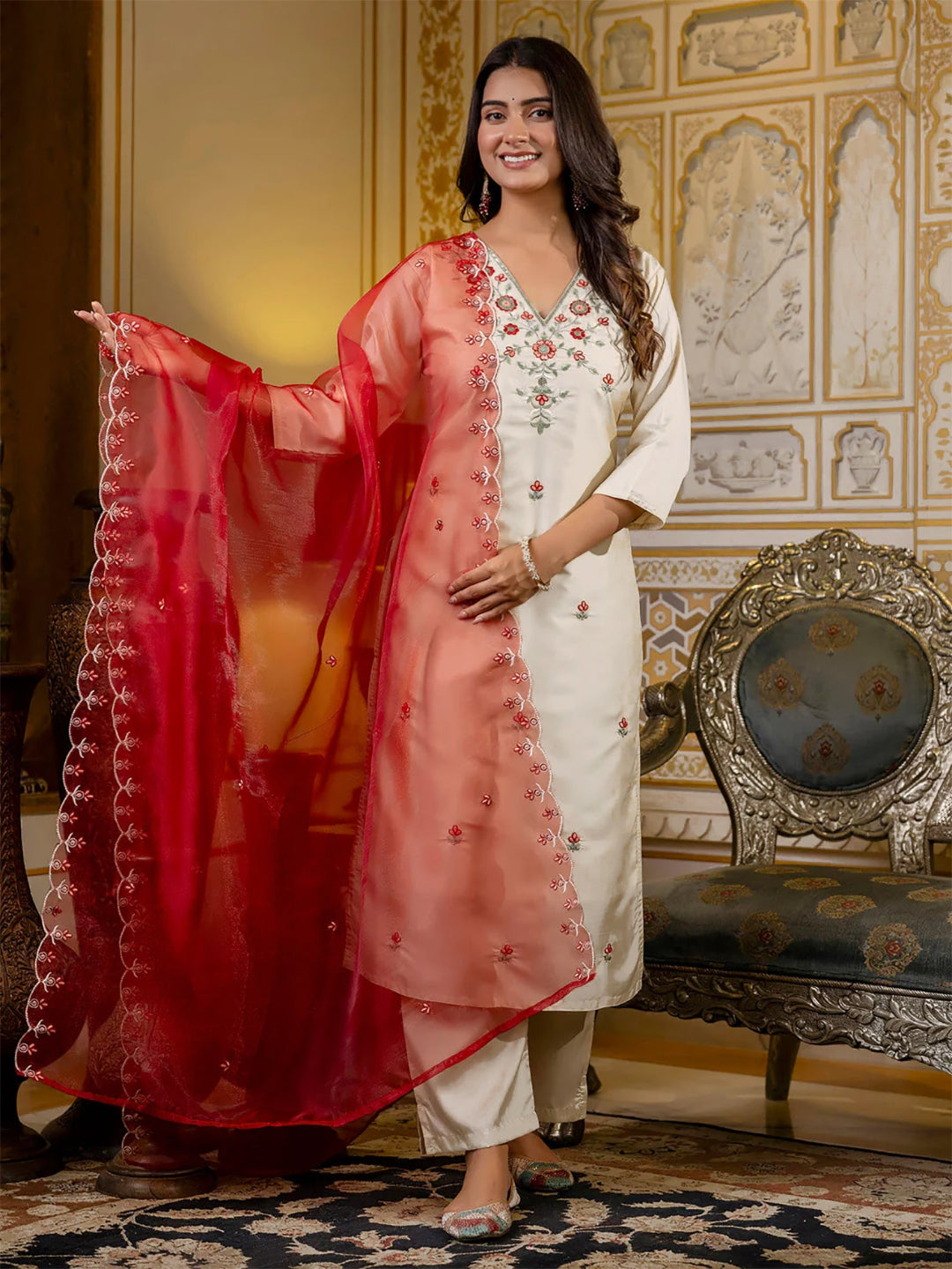 white silk blend embroidered kurta set with a matching red organza dupatta