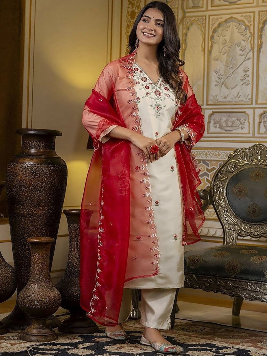 white silk blend embroidered kurta set with a matching red organza dupatta
