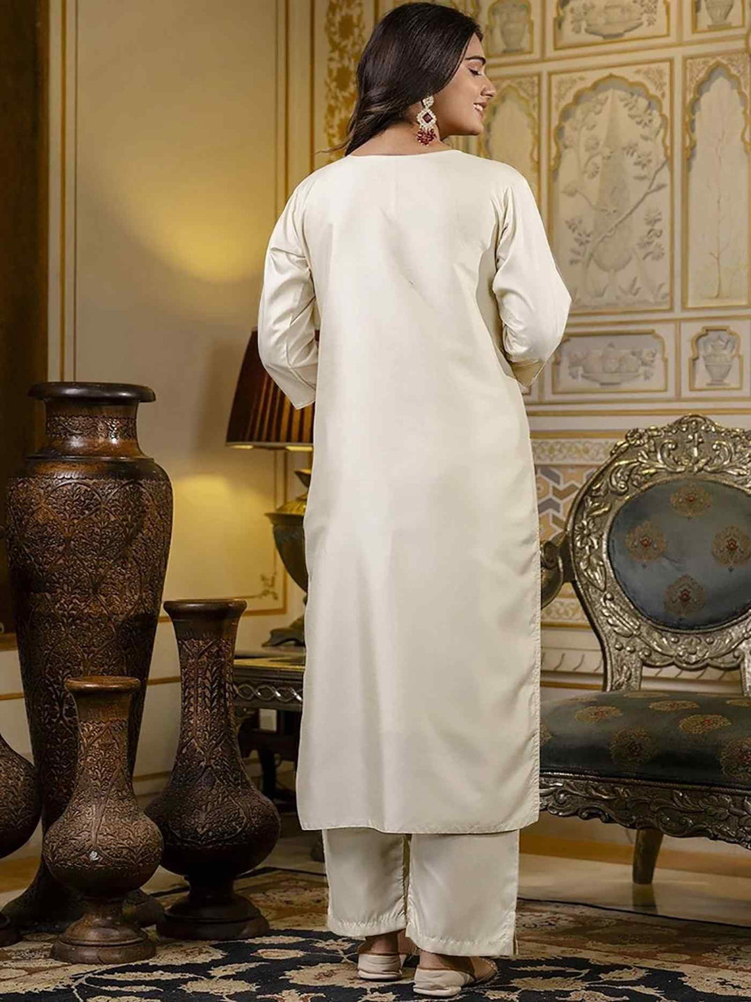 white silk blend embroidered kurta set with a matching red organza dupatta