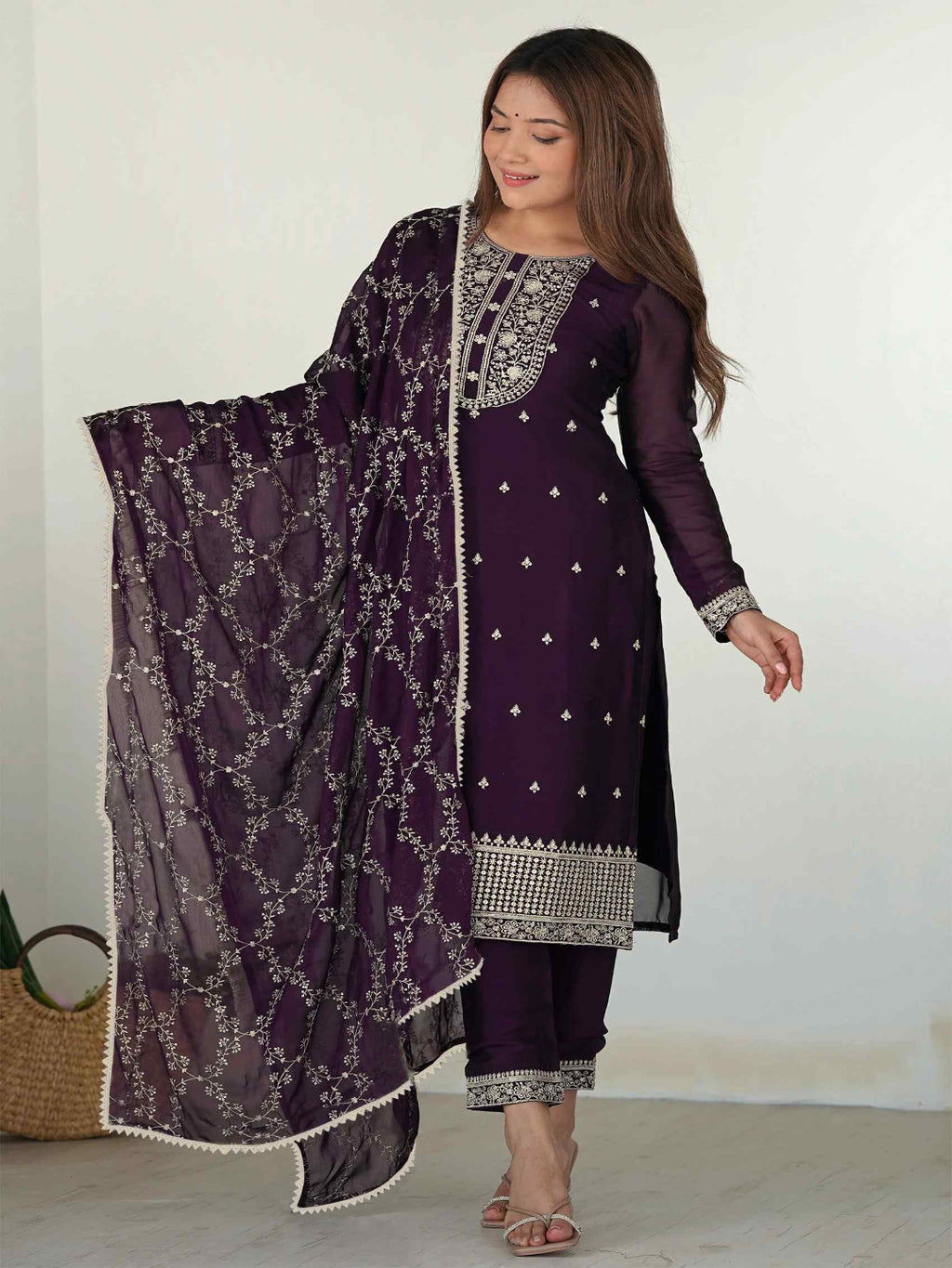 Wine Color Pure Rangoli Silk Heavy Embroidery Work Kurta Set