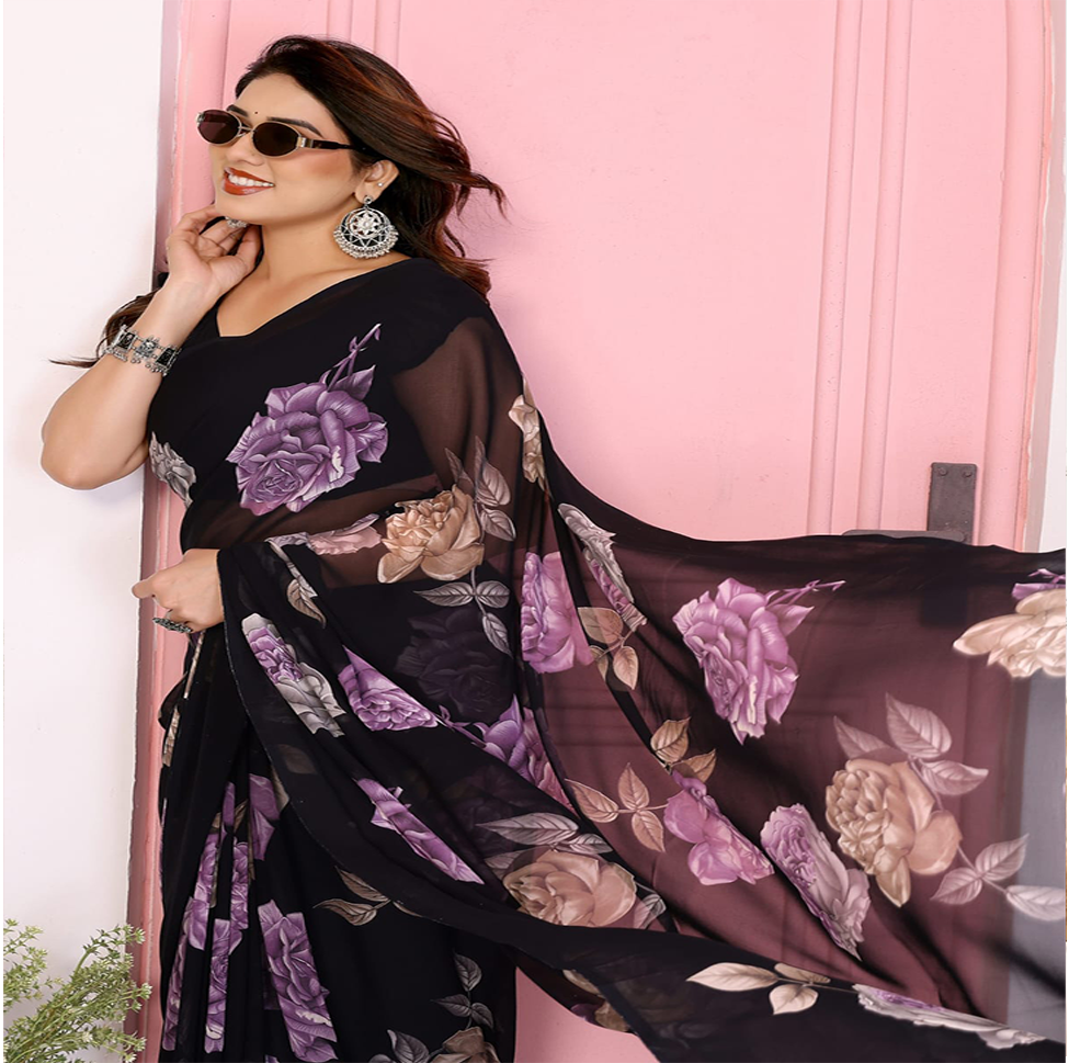 Elegant Black Floral Printed Chiffon Saree with Flower Design – Stylish Party & Casual Wear