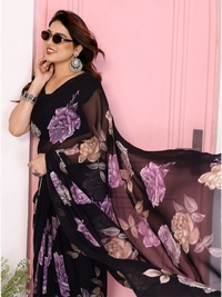 Elegant Black Floral Printed Chiffon Saree with Flower Design – Stylish Party & Casual Wear