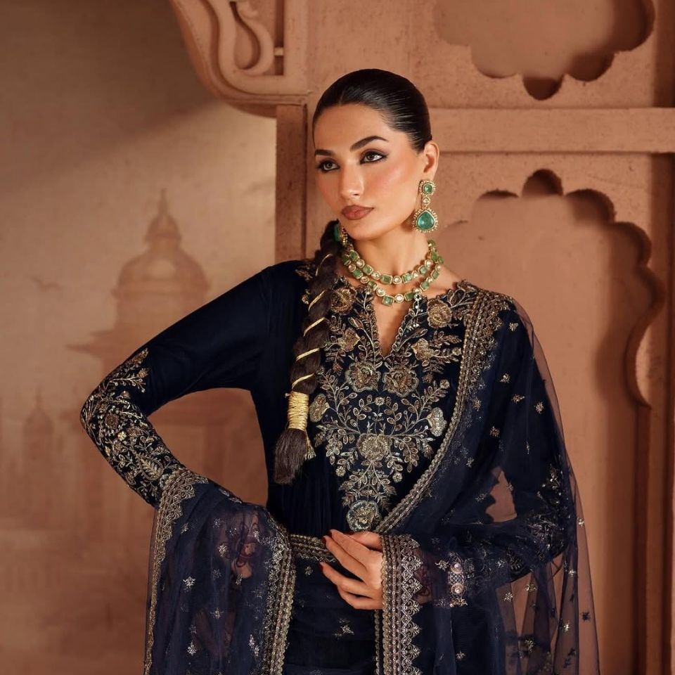 Noir Velvet Sequin Embroidered Gown Palazzo Set