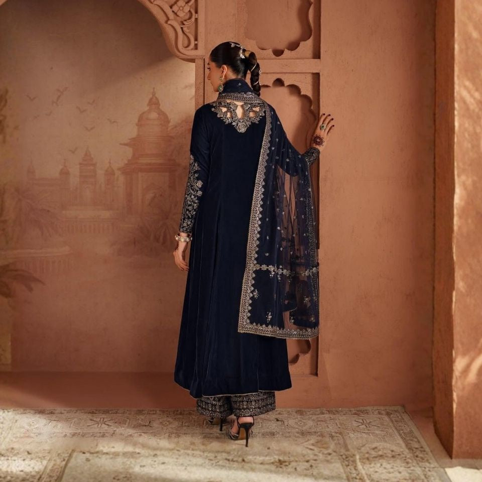 Noir Velvet Sequin Embroidered Gown Palazzo Set
