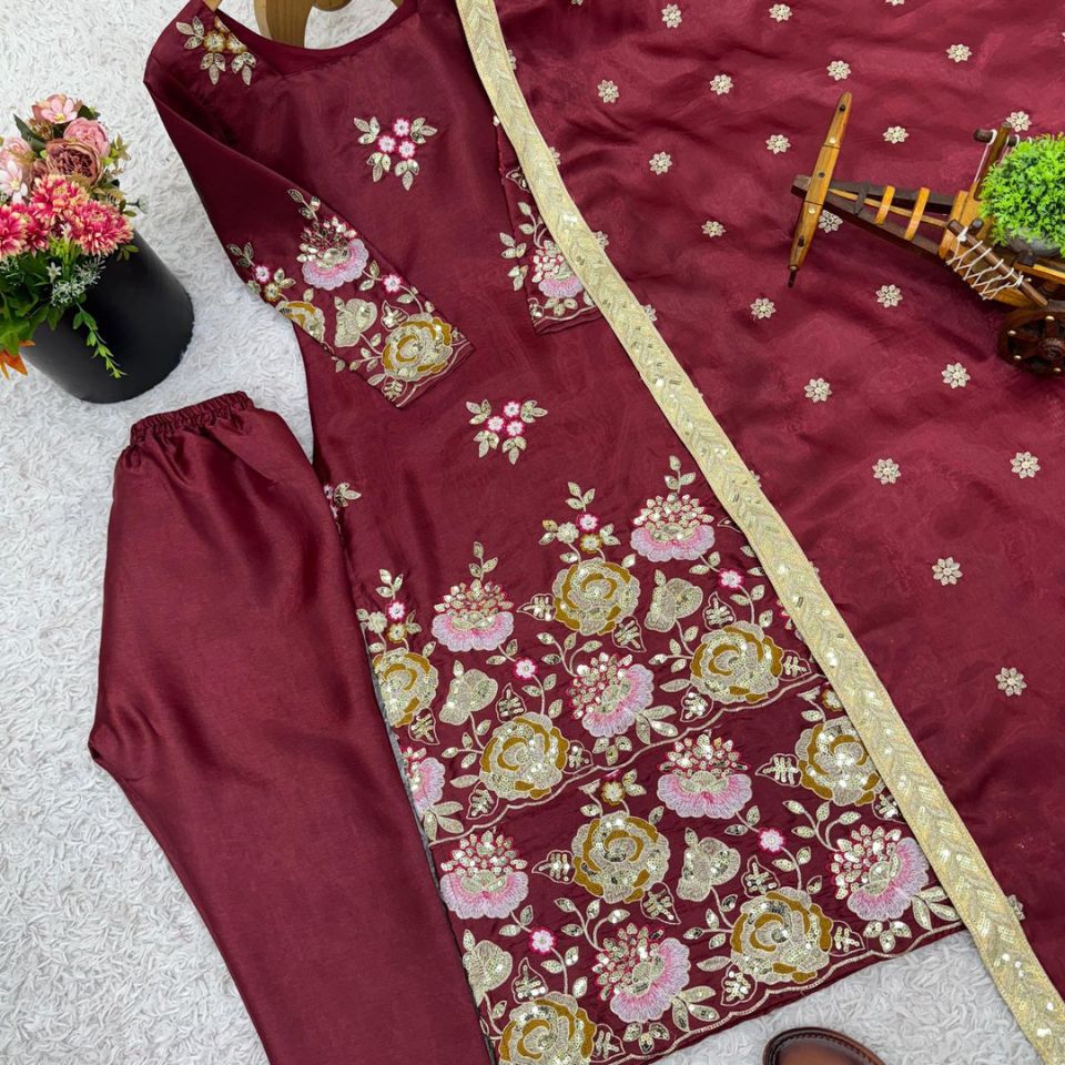 Organza Aura Embroidered Kurta Palazzo Set with Dupatta
