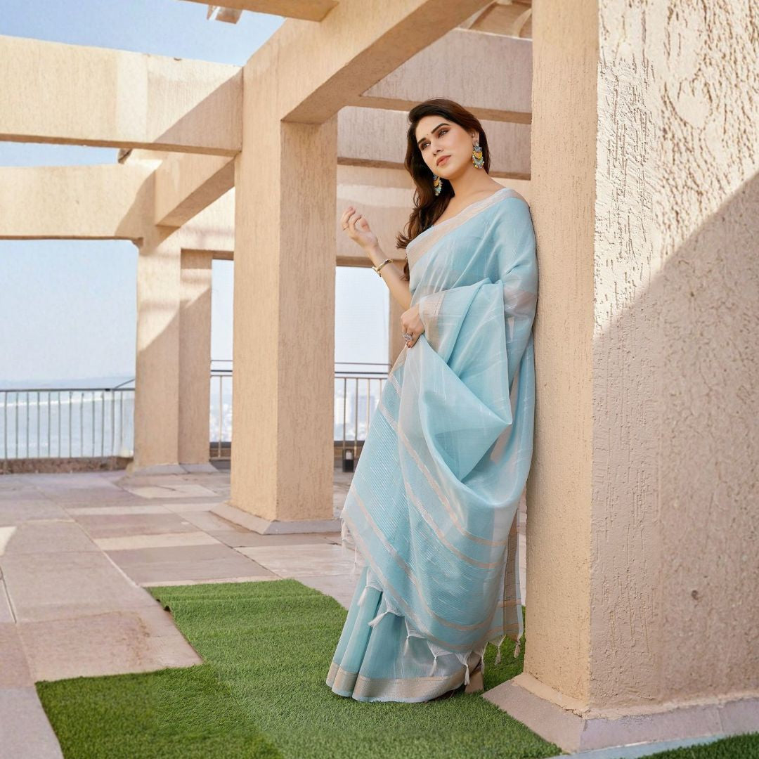 Pastel Aura Tissue Linen Silk Zari Saree