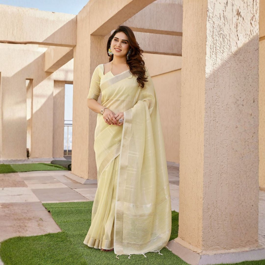 Pastel Aura Tissue Linen Silk Zari Saree