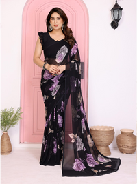 Elegant Black Floral Printed Chiffon Saree with Flower Design – Stylish Party & Casual Wear