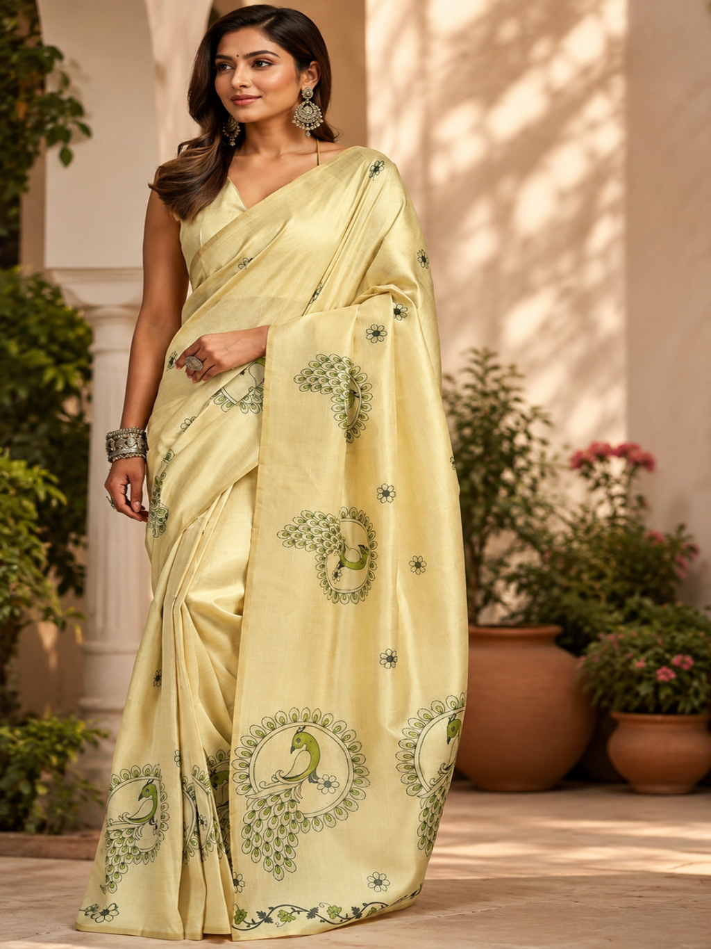 Peacock Motif Chanderi Cotton Saree: Focusing on the distinct circular peacock and floral motifs.