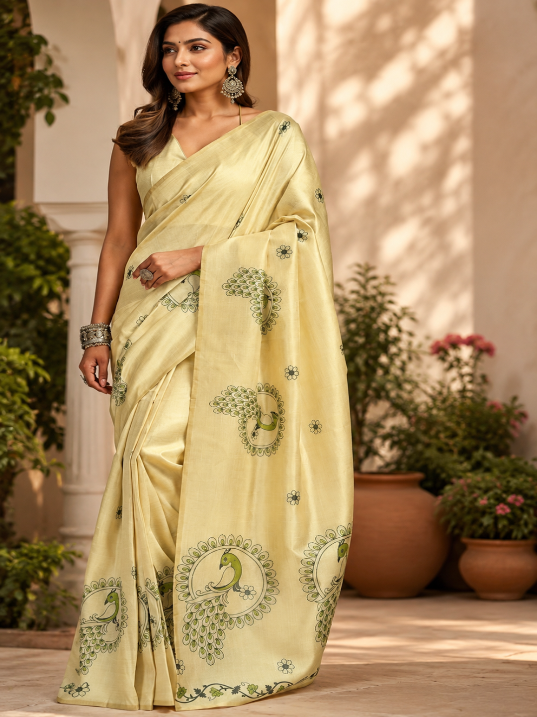 Peacock Motif Chanderi Cotton Saree: Focusing on the distinct circular peacock and floral motifs.
