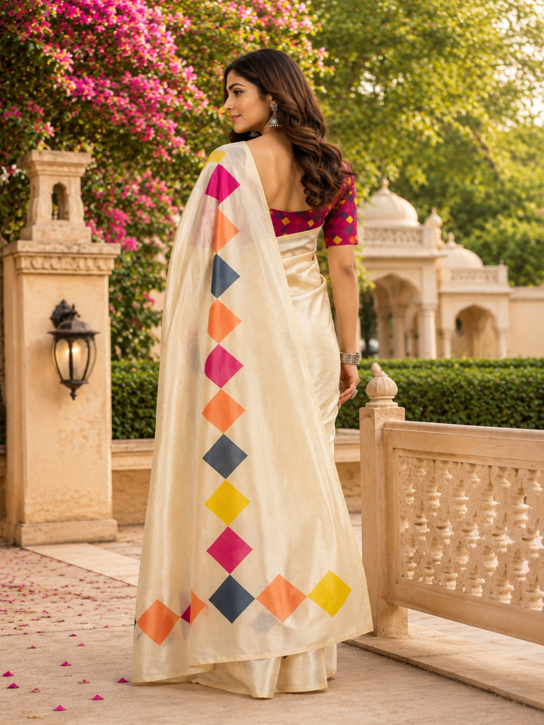 Cream Georgette with Diamond Border ready to wear saree