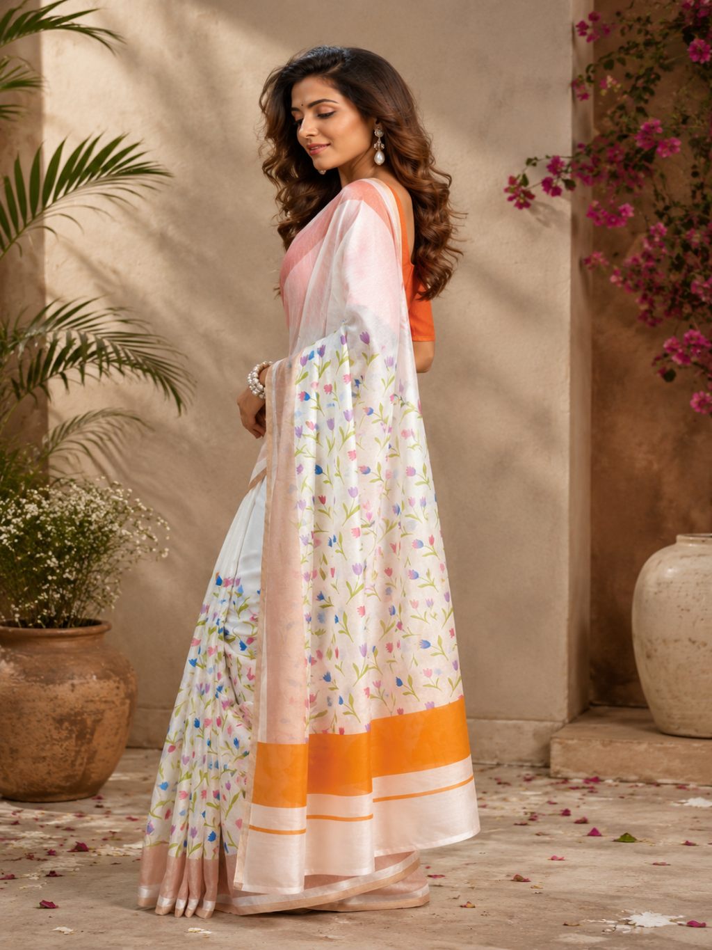 Ready To Wear Off White Linen Floral Printed Saree