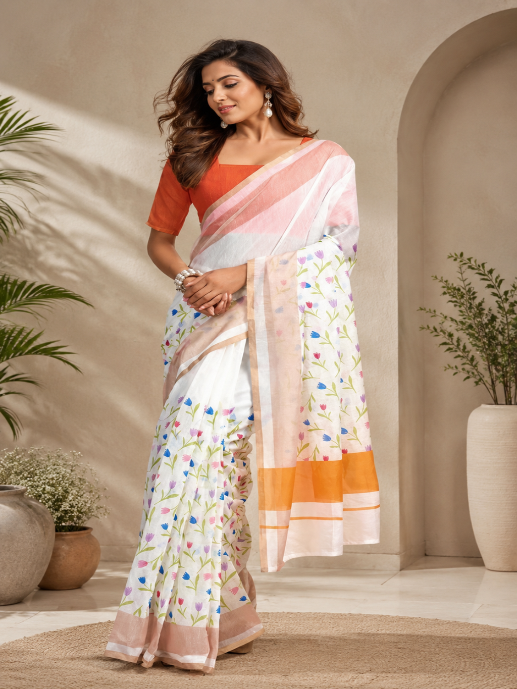 Ready To Wear Off White Linen Floral Printed Saree