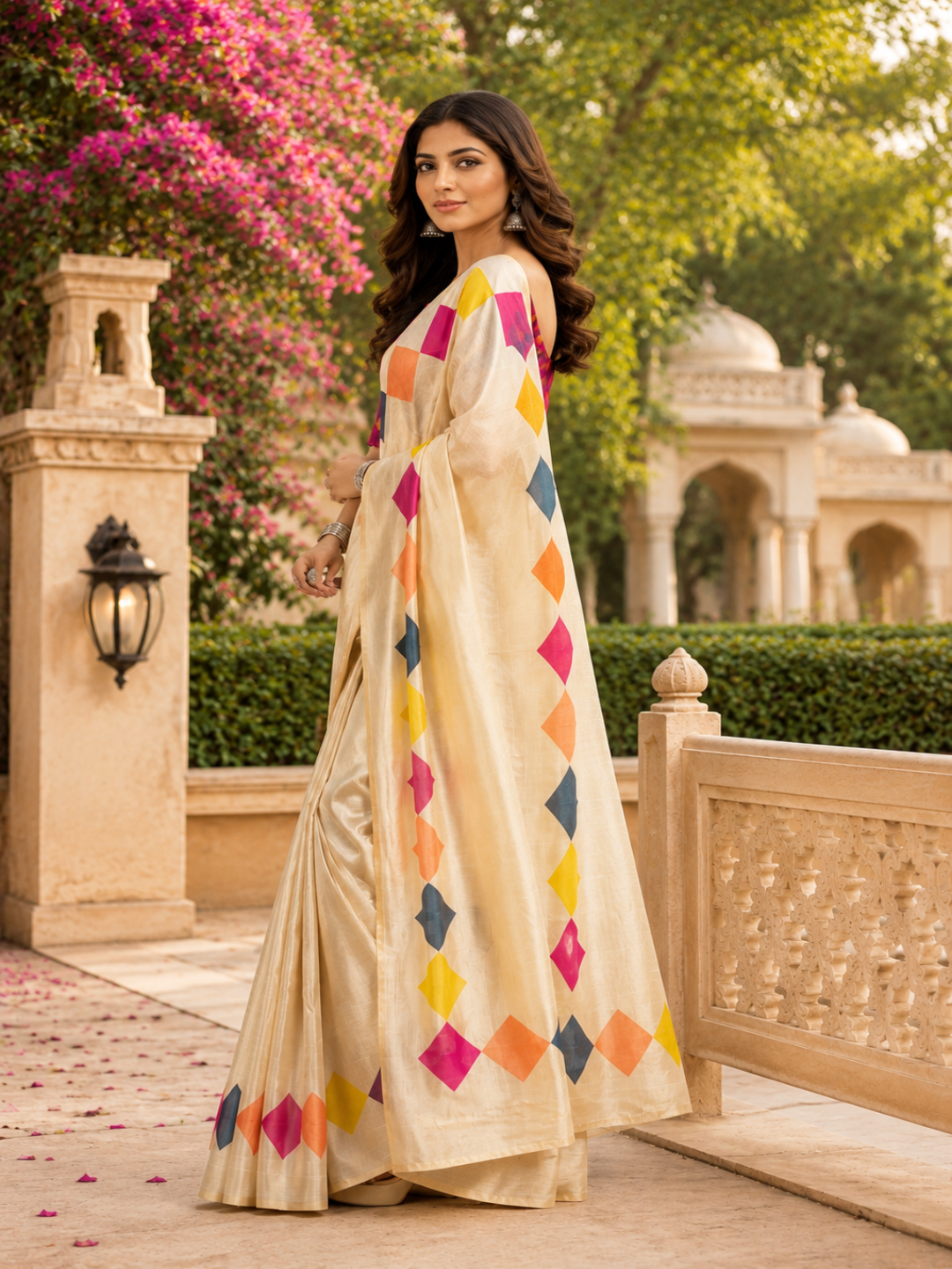 Cream Georgette with Diamond Border ready to wear saree