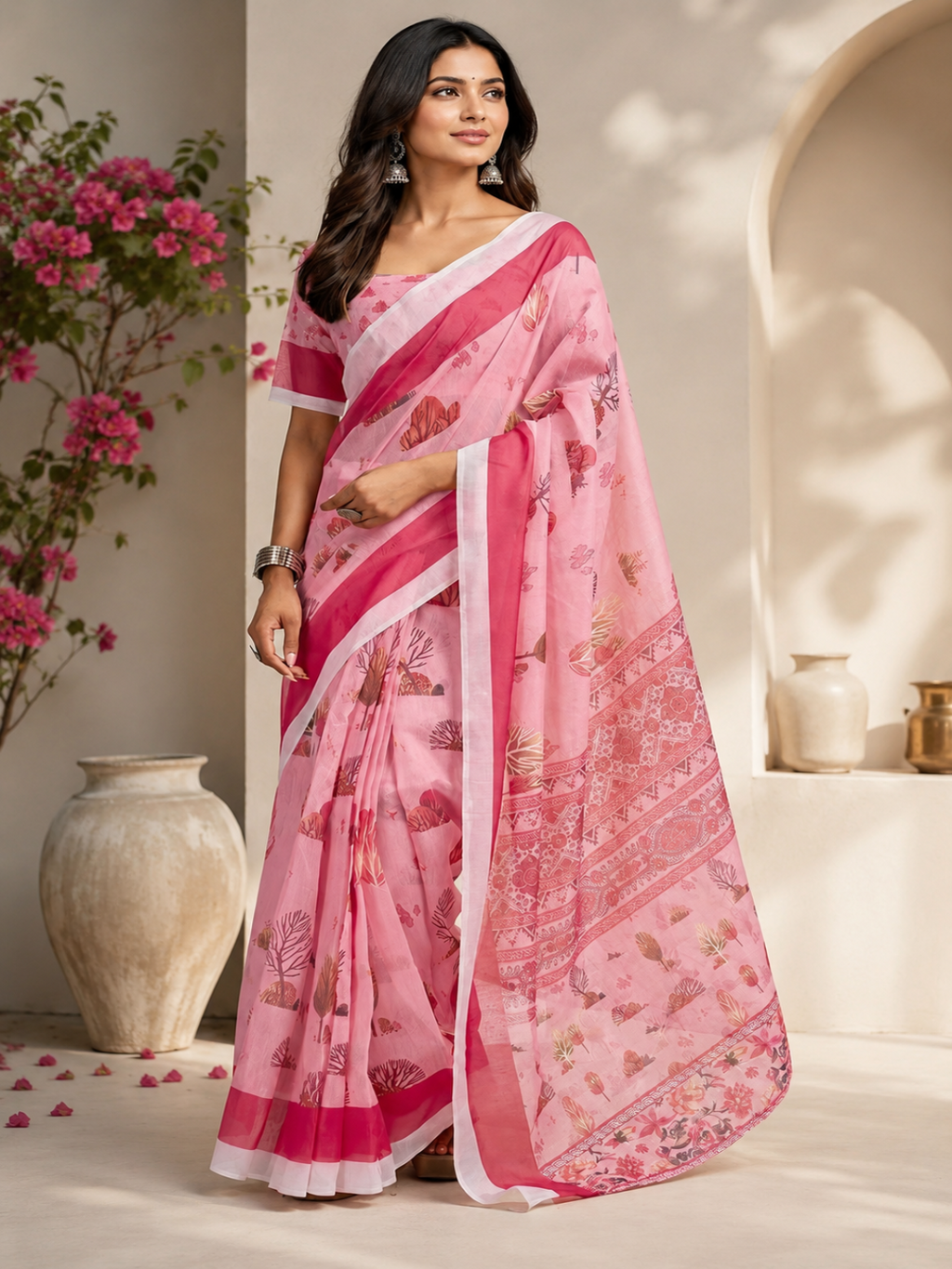 Cream Georgette with Diamond Border: A direct title focusing on the fabric and the signature geometric border work.