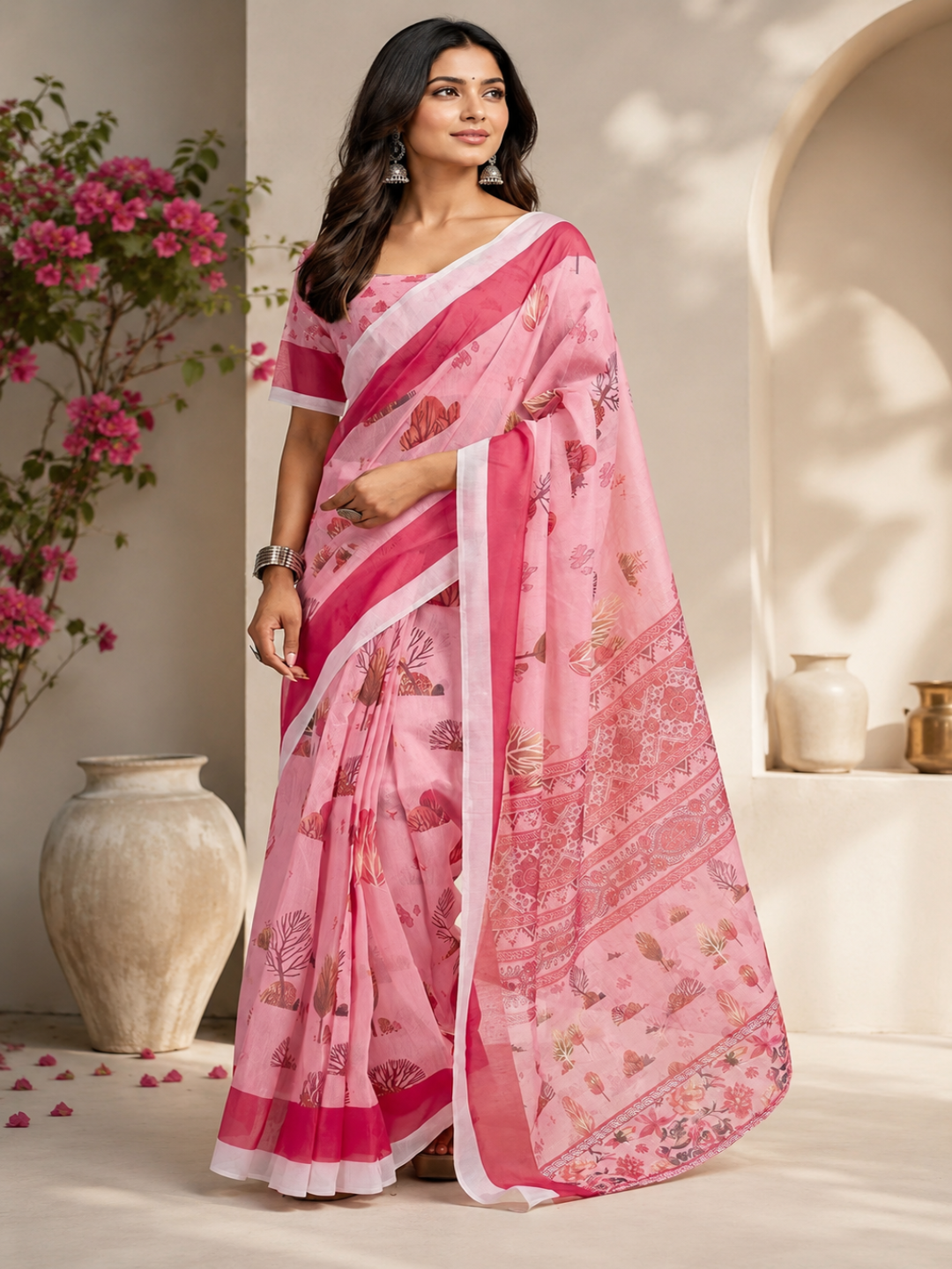 Cream Georgette with Diamond Border: A direct title focusing on the fabric and the signature geometric border work.