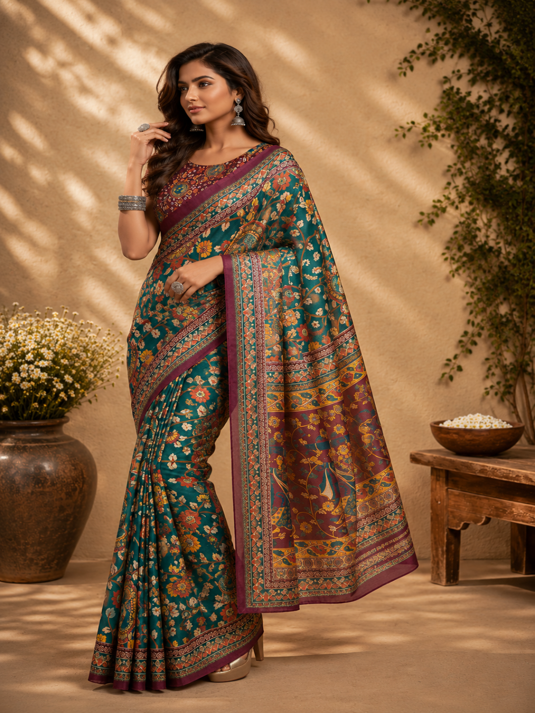 multicolored thread-work and modern geometric aesthetic ready to wear saree.