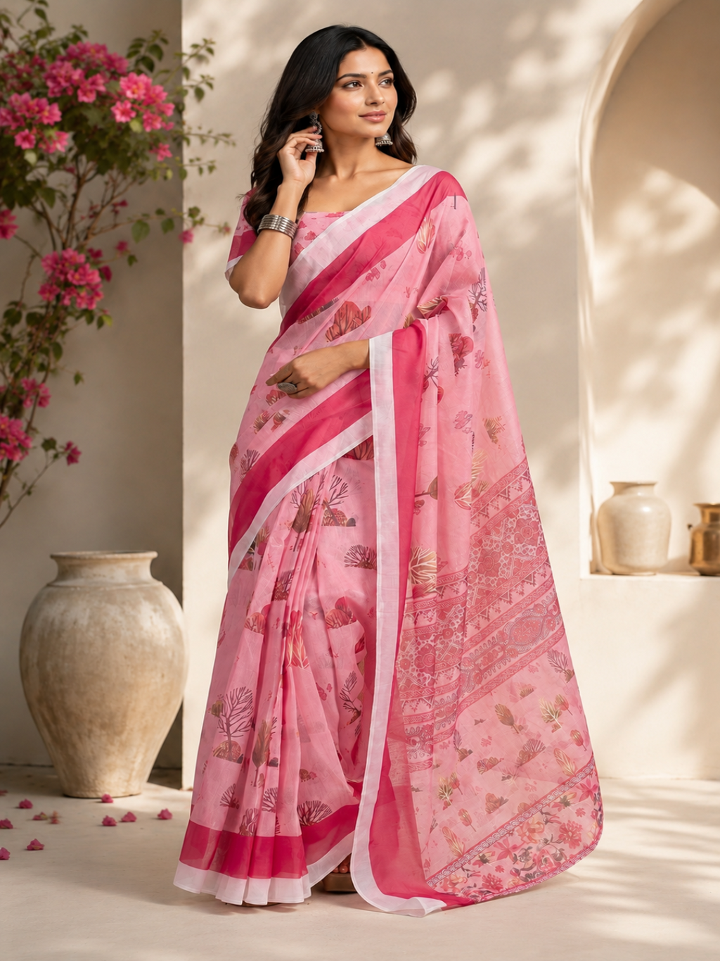 Cream Georgette with Diamond Border: A direct title focusing on the fabric and the signature geometric border work.