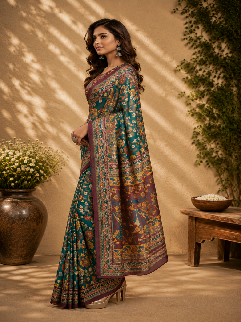 multicolored thread-work and modern geometric aesthetic ready to wear saree.