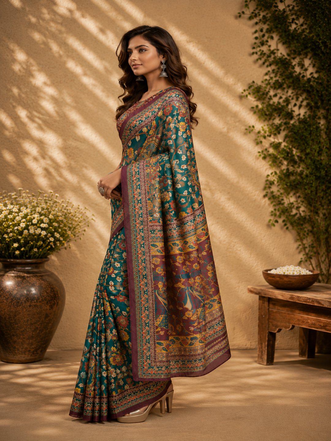 multicolored thread-work and modern geometric aesthetic ready to wear saree.