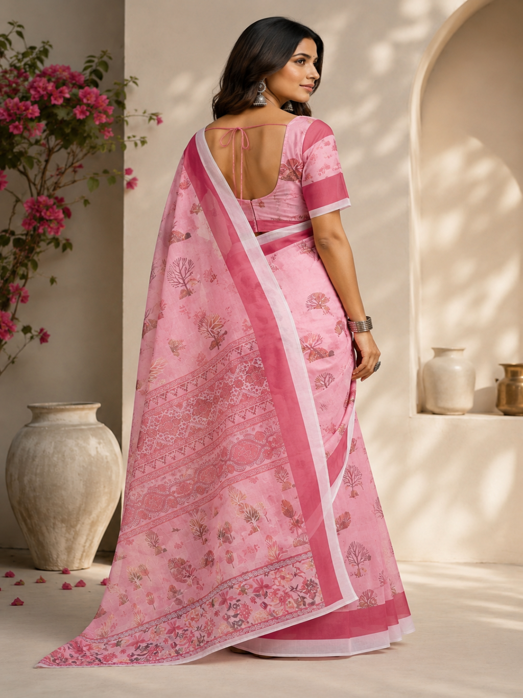 Cream Georgette with Diamond Border: A direct title focusing on the fabric and the signature geometric border work.