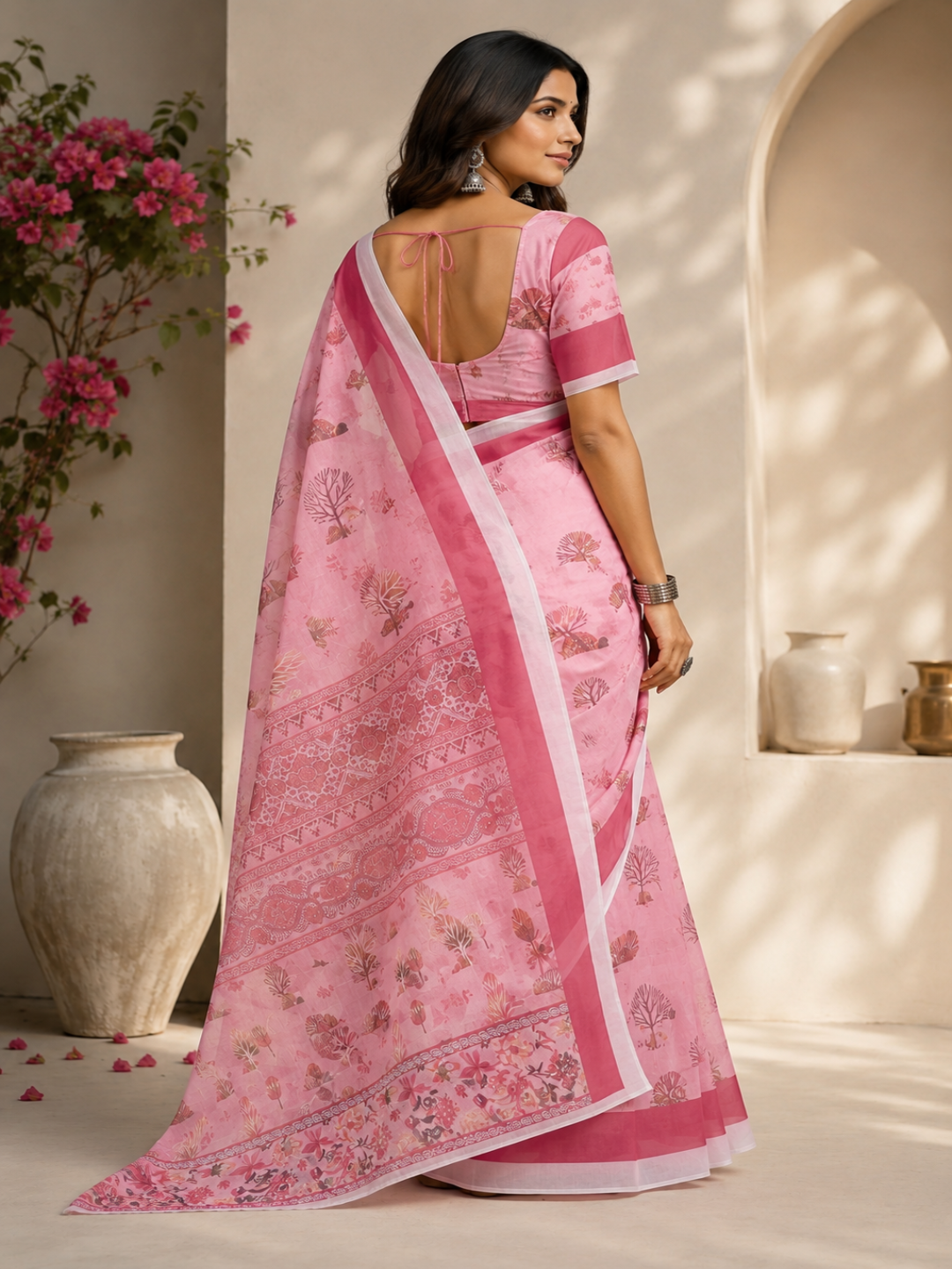 Cream Georgette with Diamond Border: A direct title focusing on the fabric and the signature geometric border work.