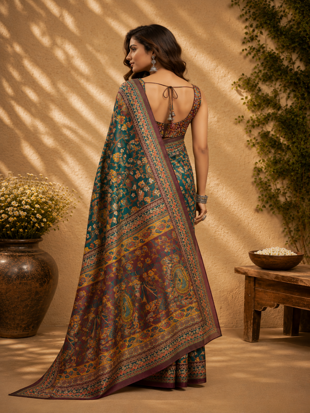 multicolored thread-work and modern geometric aesthetic ready to wear saree.