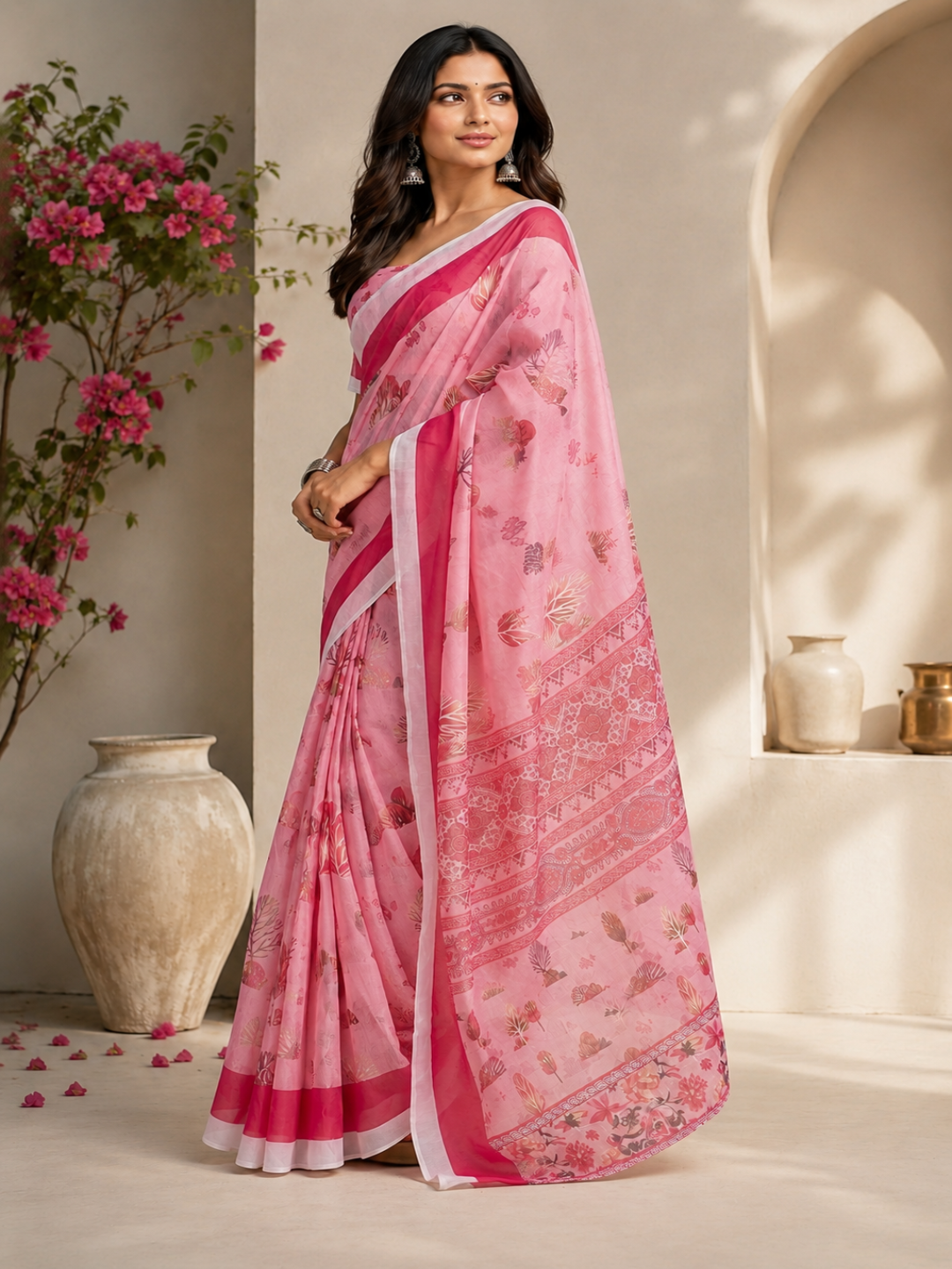 Cream Georgette with Diamond Border: A direct title focusing on the fabric and the signature geometric border work.