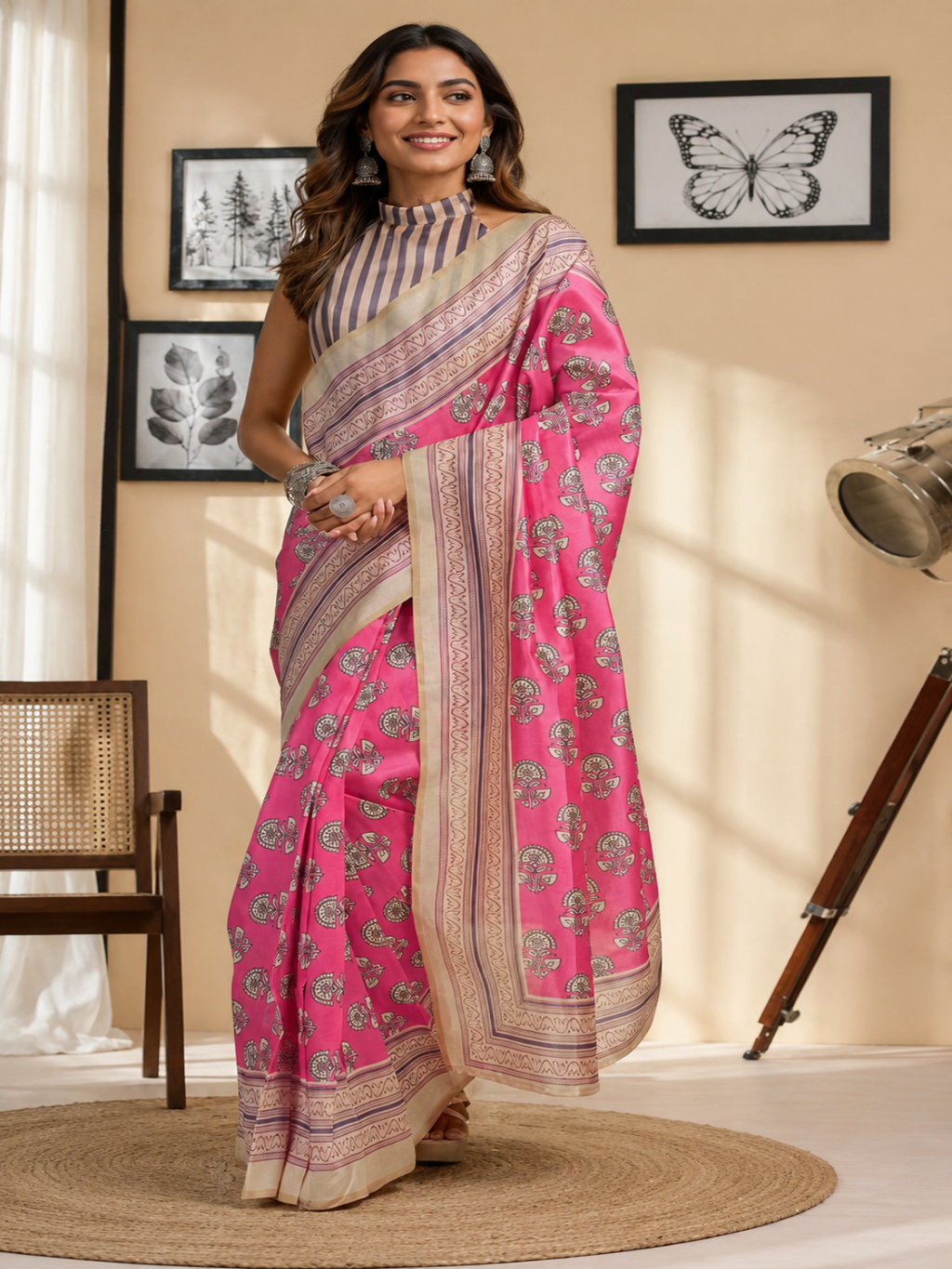 Pink & Beige Floral Printed Cotton Linen Saree