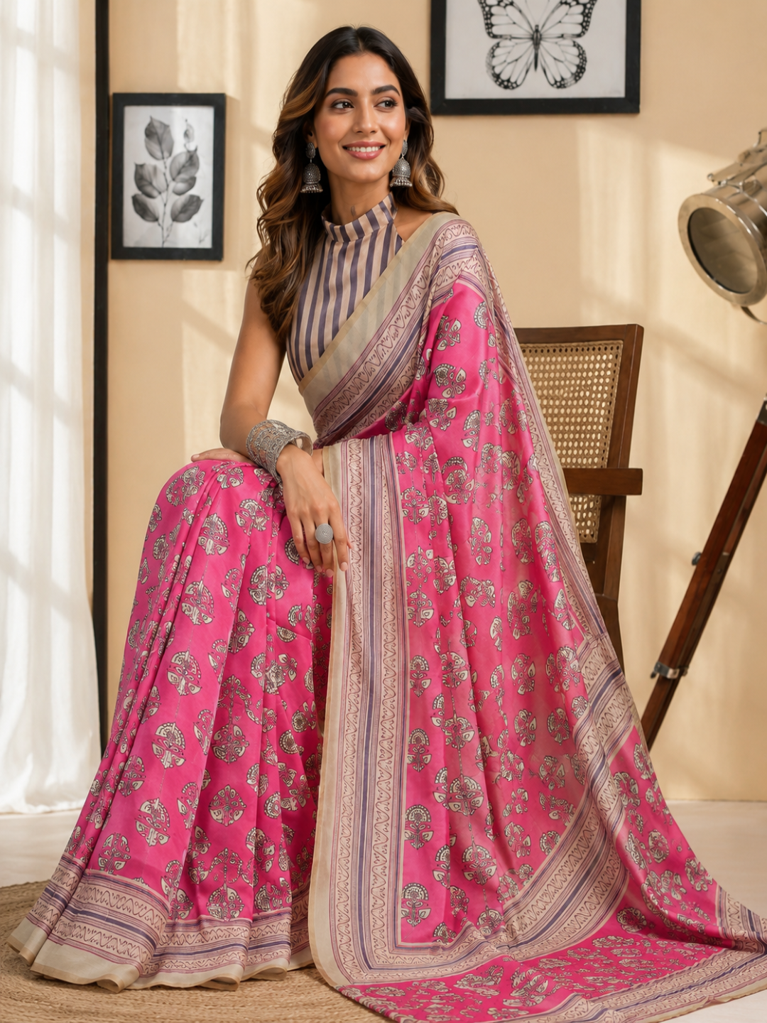 Pink & Beige Floral Printed Cotton Linen Saree