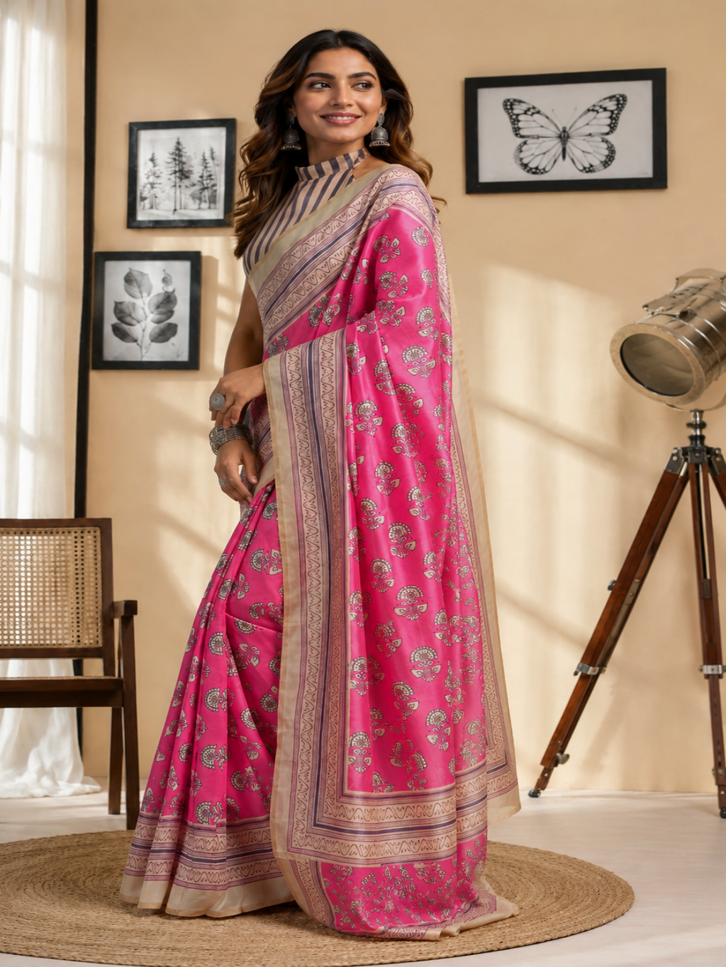 Pink & Beige Floral Printed Cotton Linen Saree