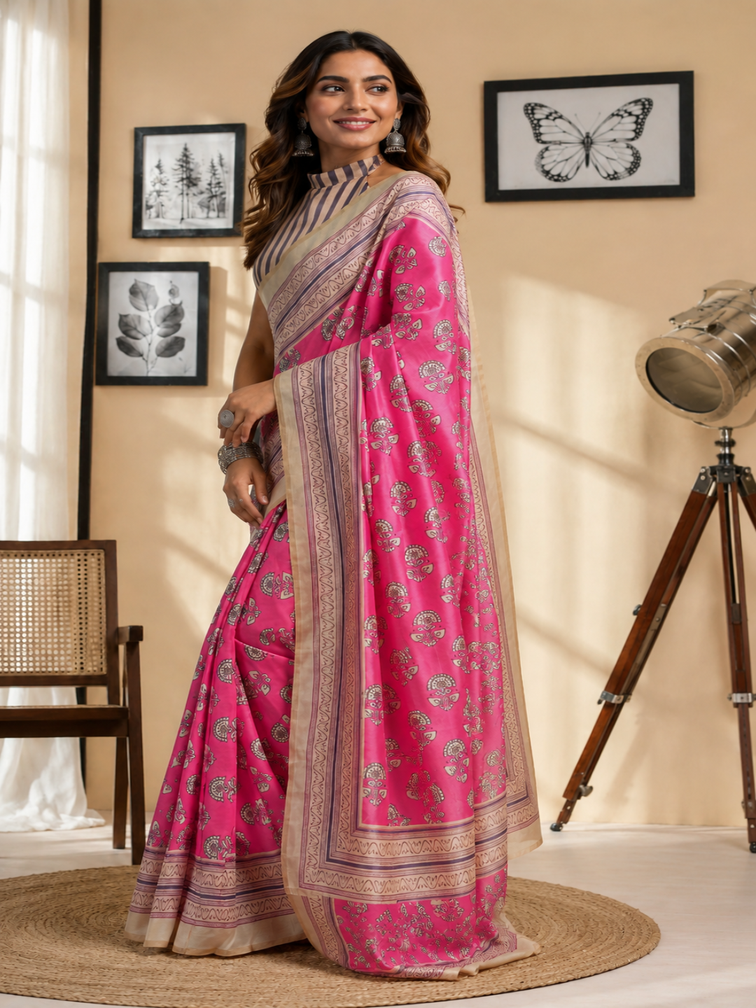 Pink & Beige Floral Printed Cotton Linen Saree