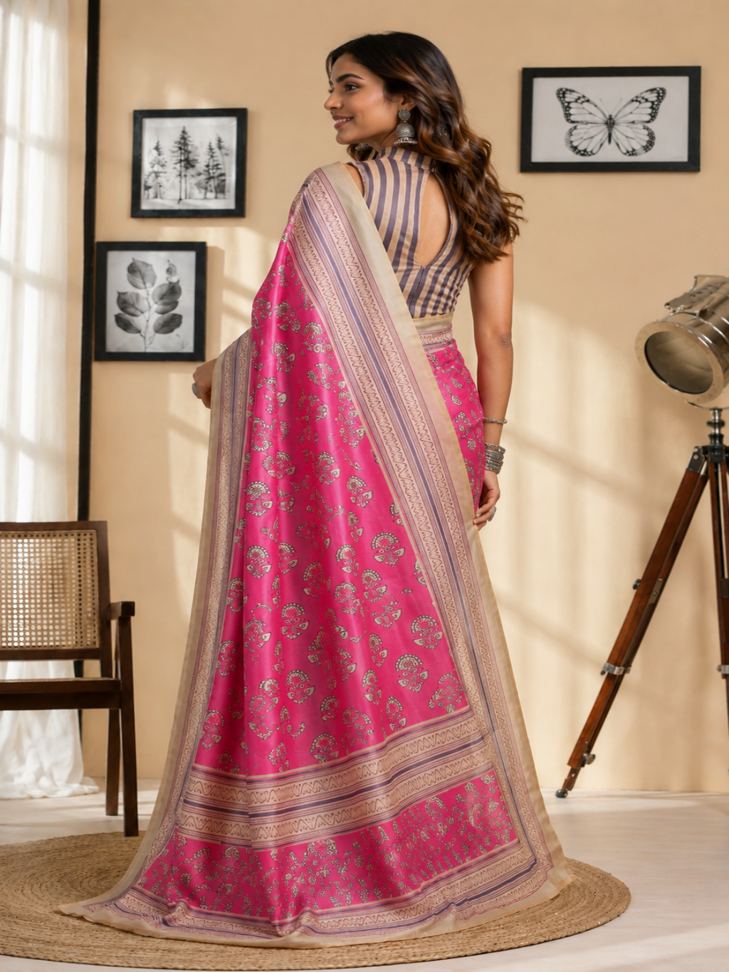 Pink & Beige Floral Printed Cotton Linen Saree