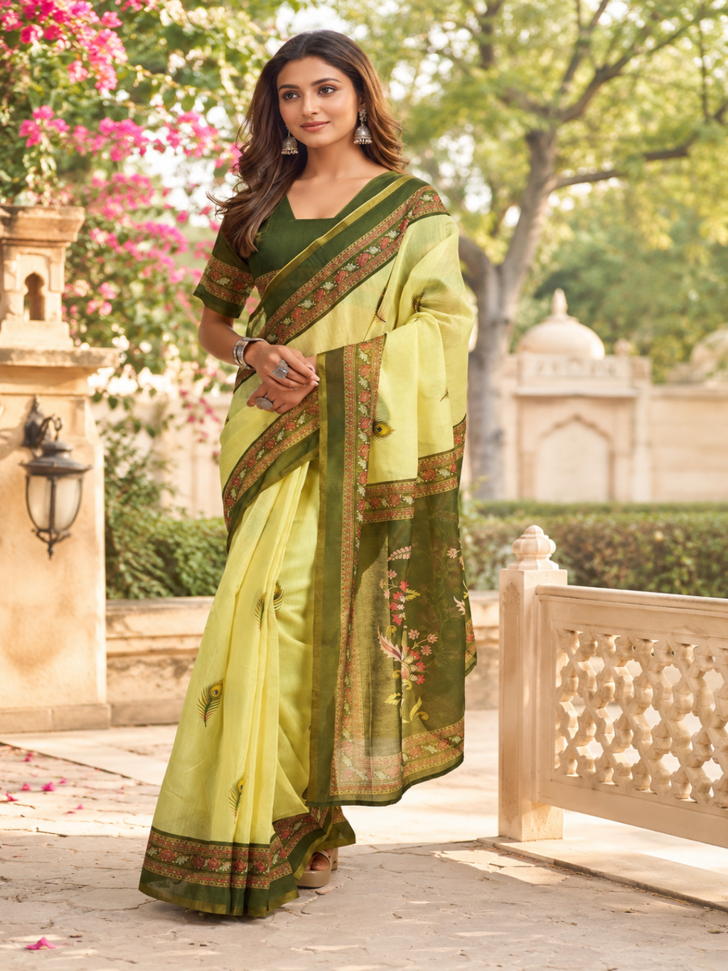 Lemon Green Chanderi Cotton Printed Saree"