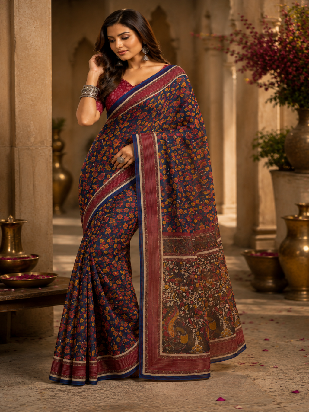 Multi-Color Diamond Block Print Saree