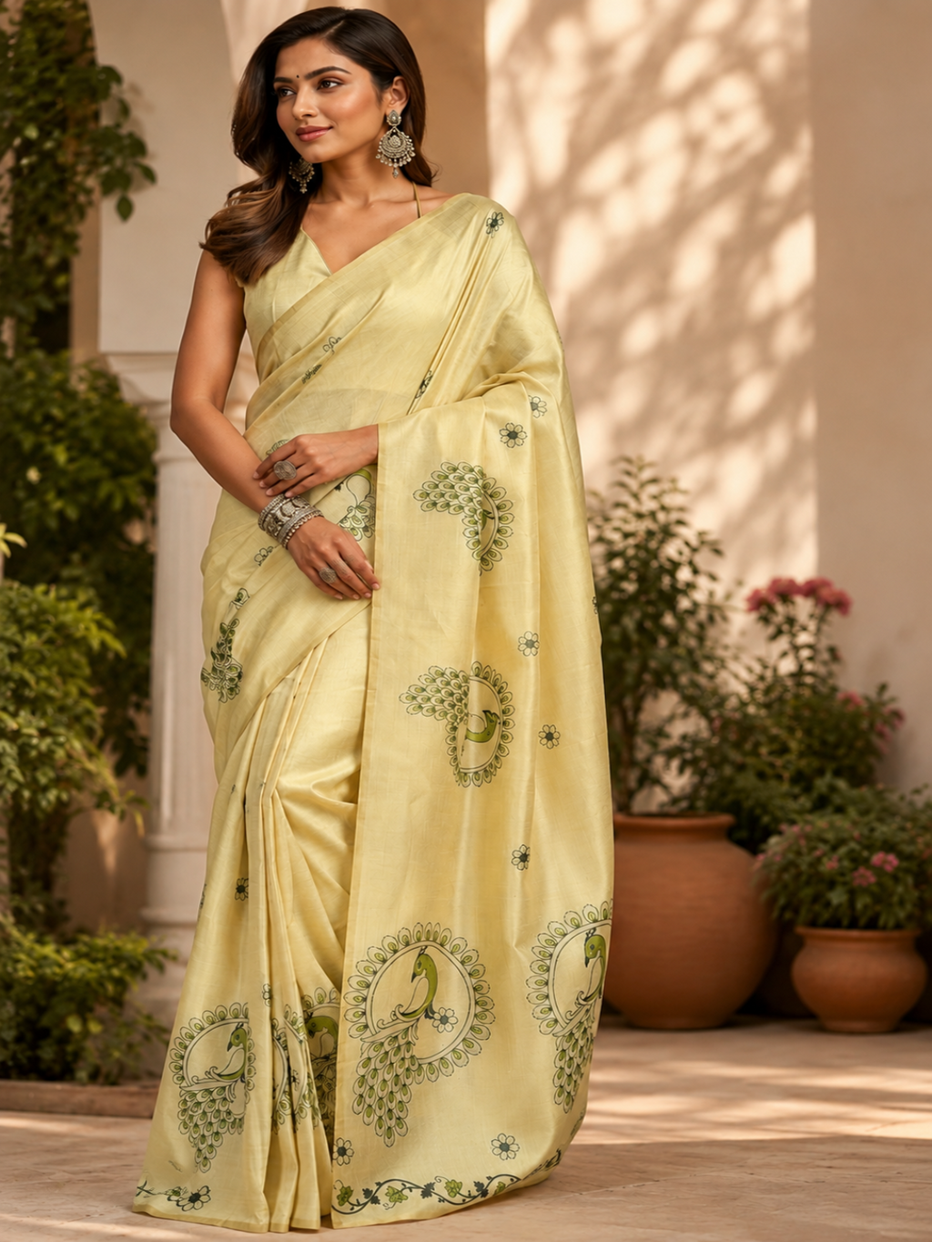 Peacock Motif Chanderi Cotton Saree: Focusing on the distinct circular peacock and floral motifs.