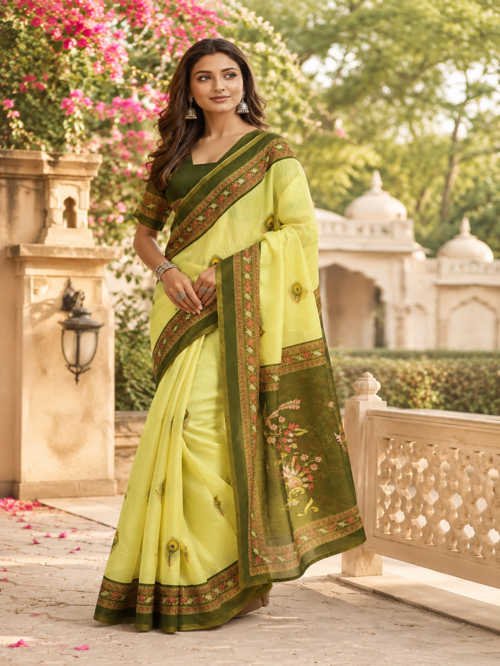 Lemon Green Chanderi Cotton Printed Saree"