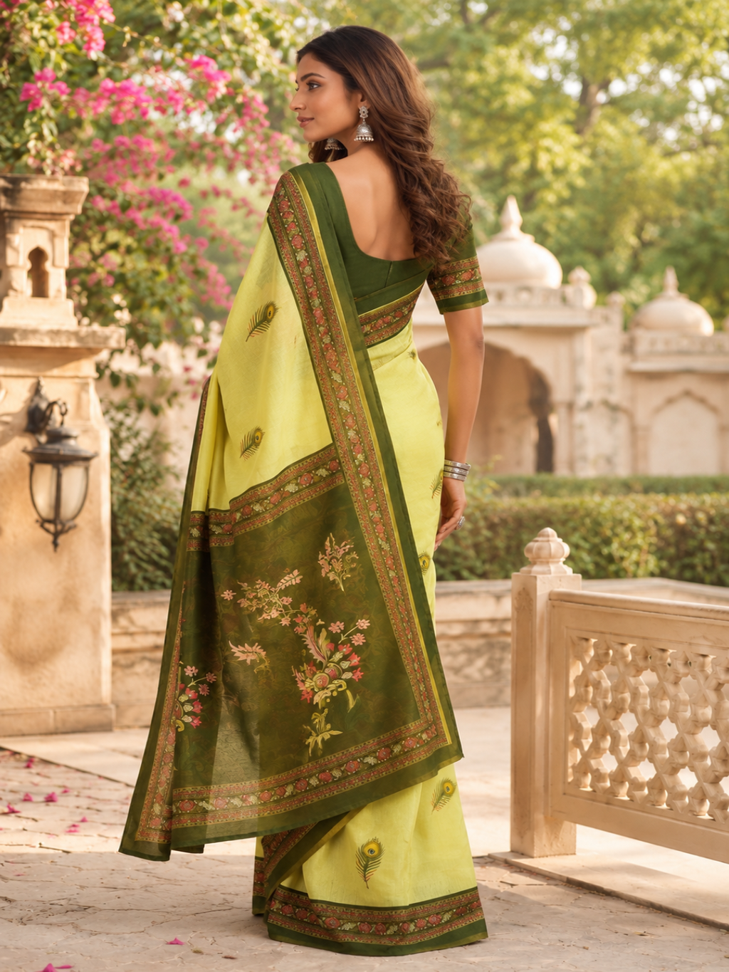 Lemon Green Chanderi Cotton Printed Saree"