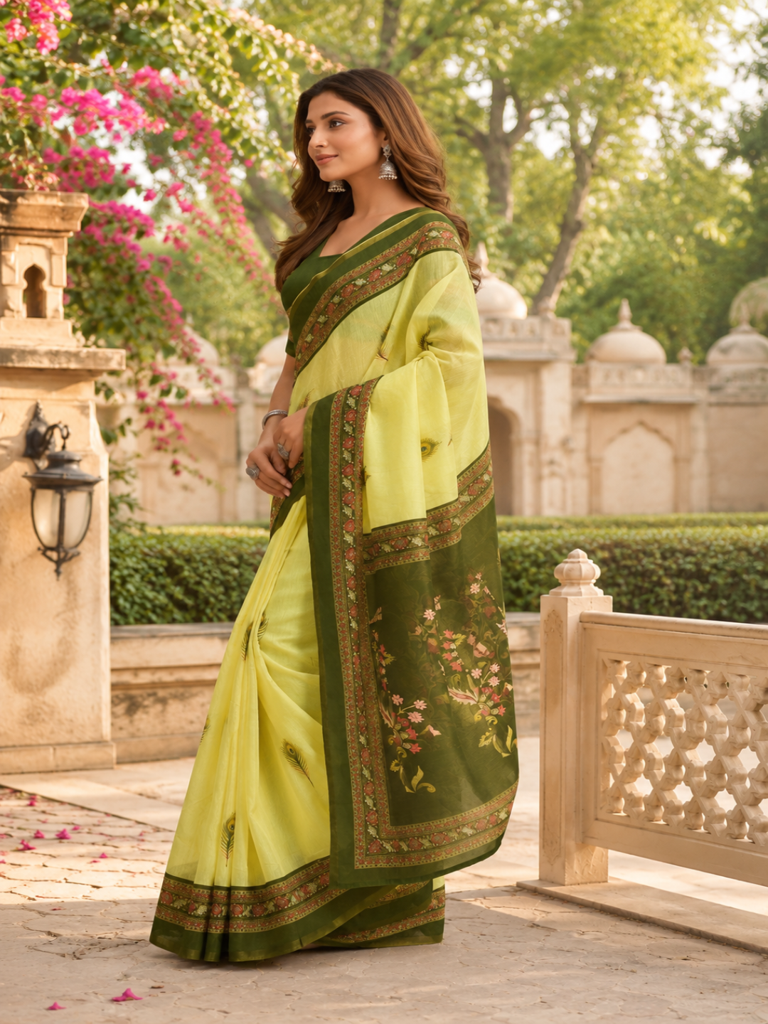 Lemon Green Chanderi Cotton Printed Saree"