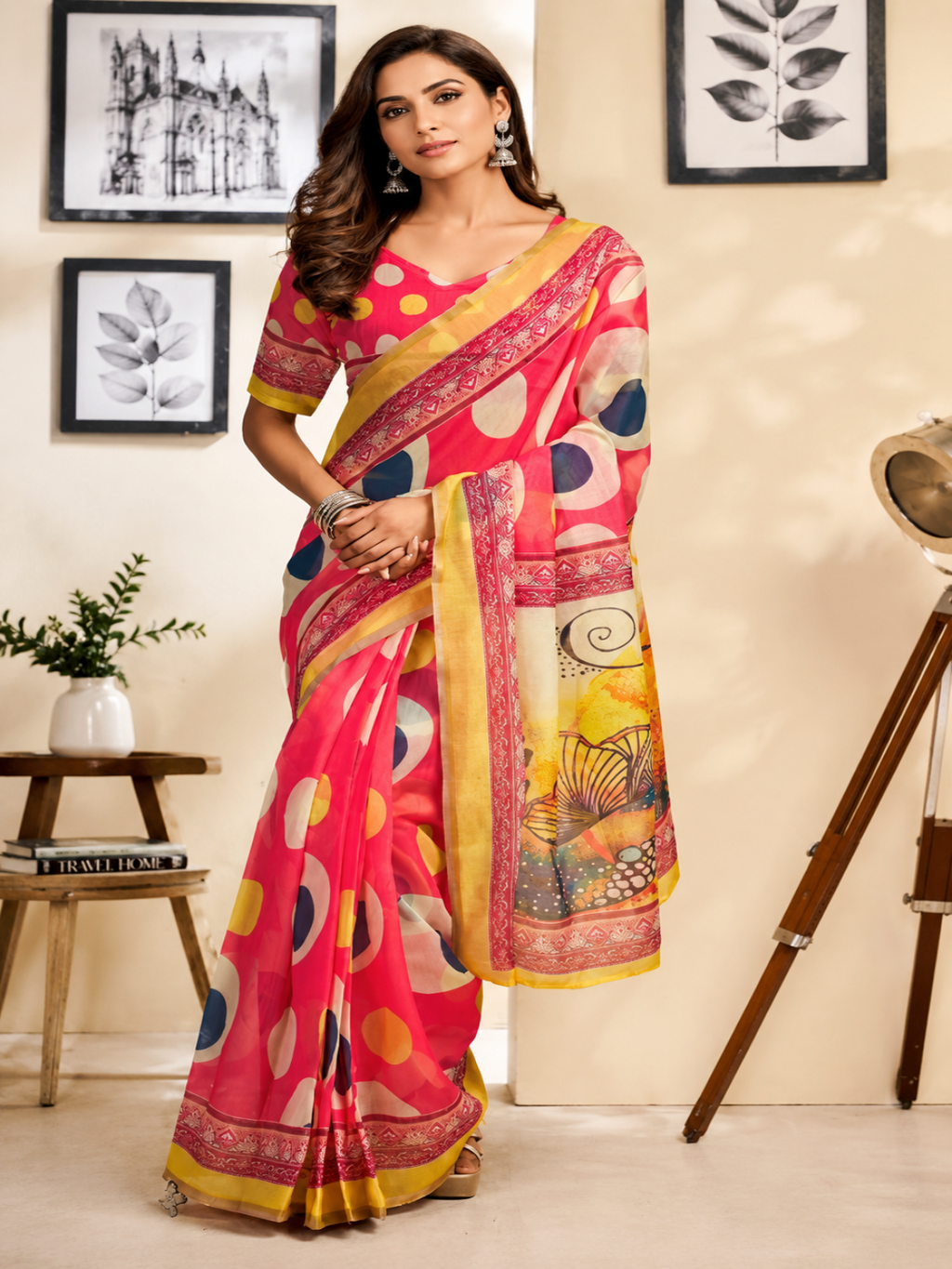 Radiant Bloom Polka Saree" or "Vibrant Pink Circle Print Saree.