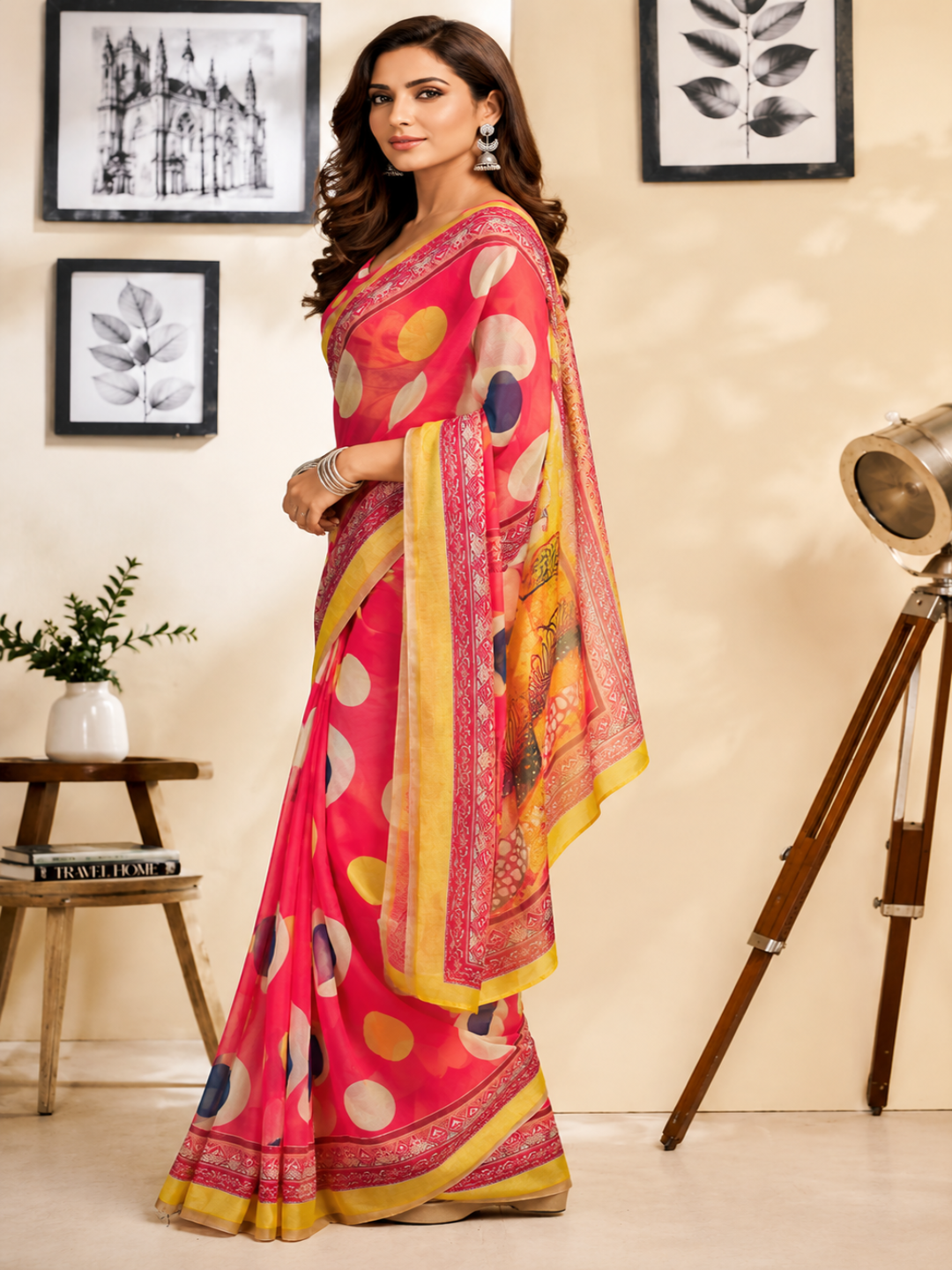 Radiant Bloom Polka Saree" or "Vibrant Pink Circle Print Saree.