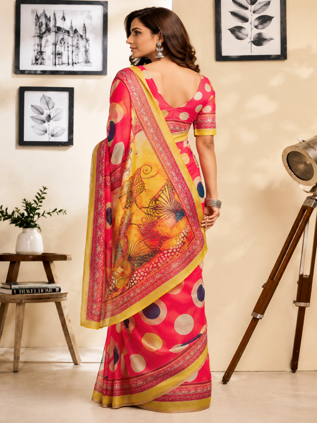 Radiant Bloom Polka Saree" or "Vibrant Pink Circle Print Saree.