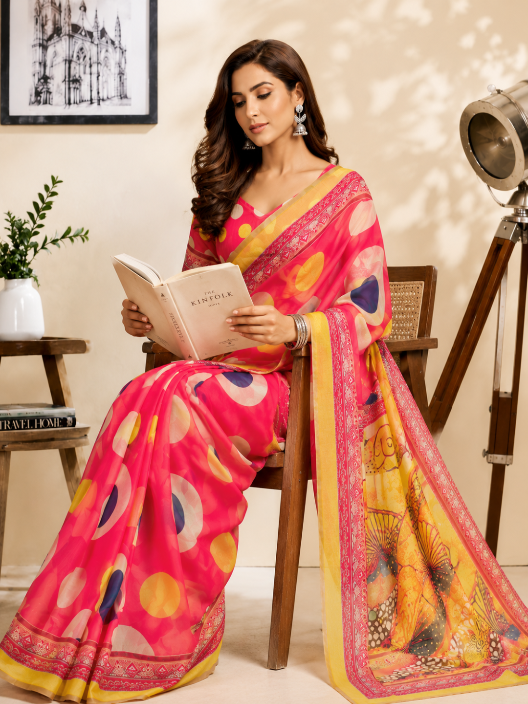 Radiant Bloom Polka Saree" or "Vibrant Pink Circle Print Saree.