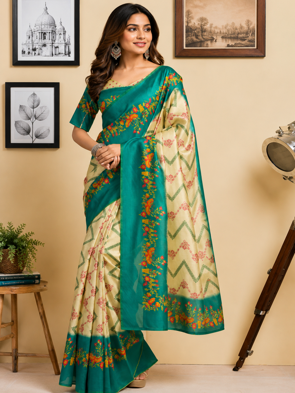 Rich Teal Green that frames the delicate Cream Base Cotton Ready to Wear Saree