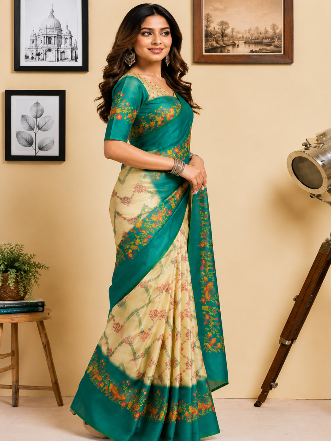 Rich Teal Green that frames the delicate Cream Base Cotton Ready to Wear Saree
