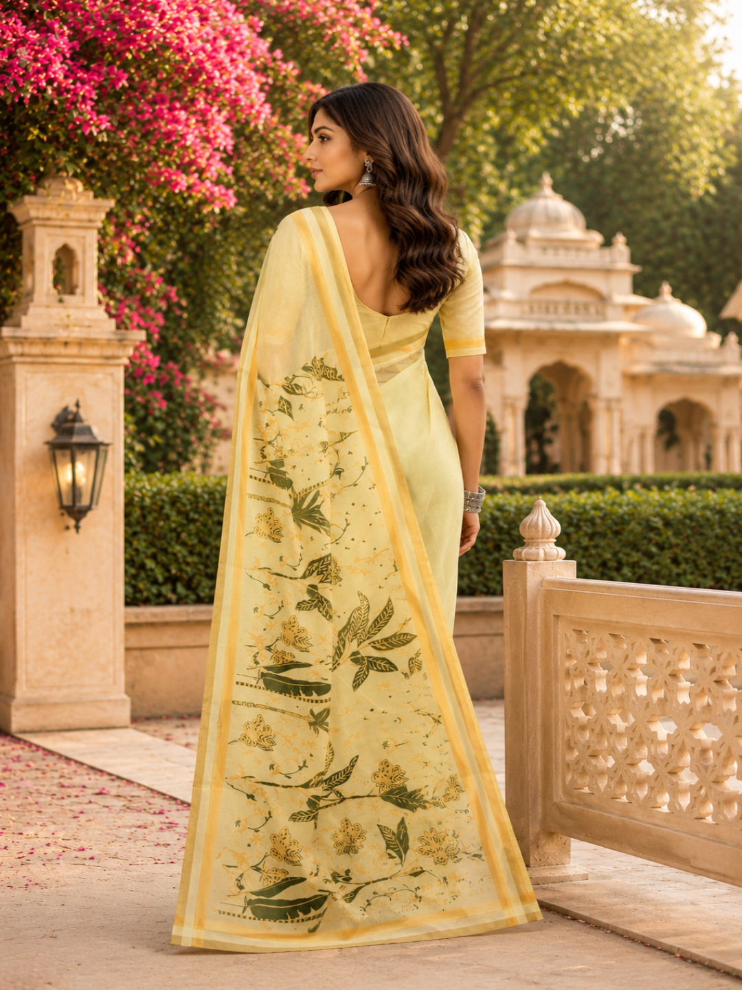 Ready-to-Wear Cream Chanderi Cotton Floral Printed Saree