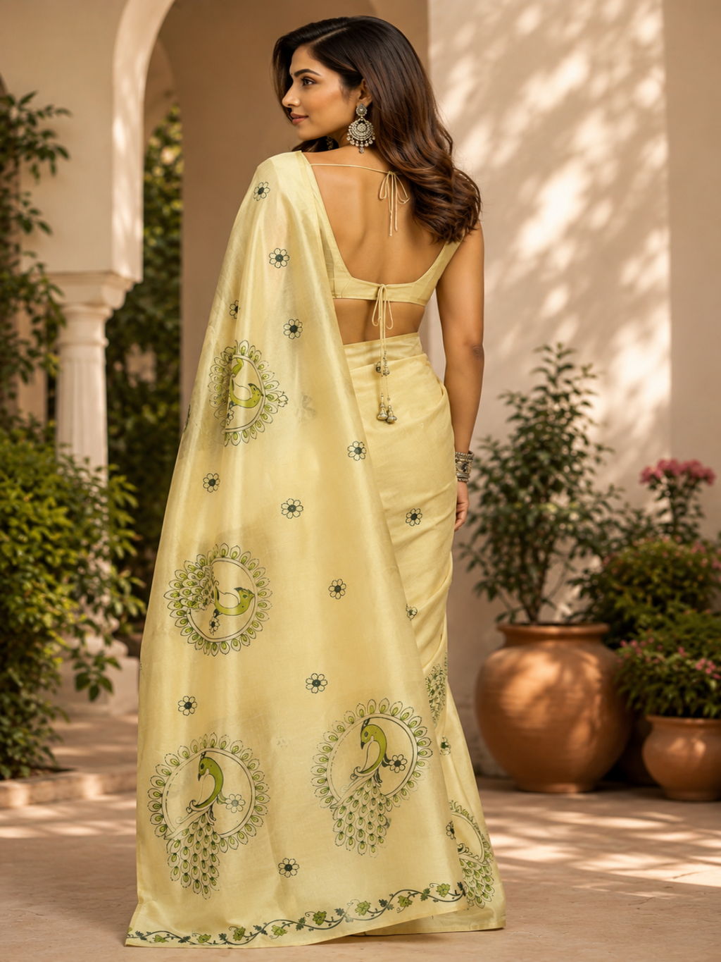 Peacock Motif Chanderi Cotton Saree: Focusing on the distinct circular peacock and floral motifs.